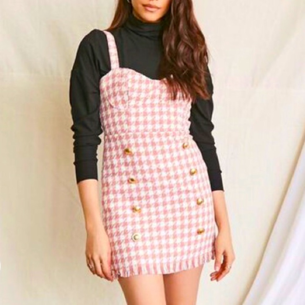 Forever 21 Frayed Houndstooth Pinafore Dress Size XS